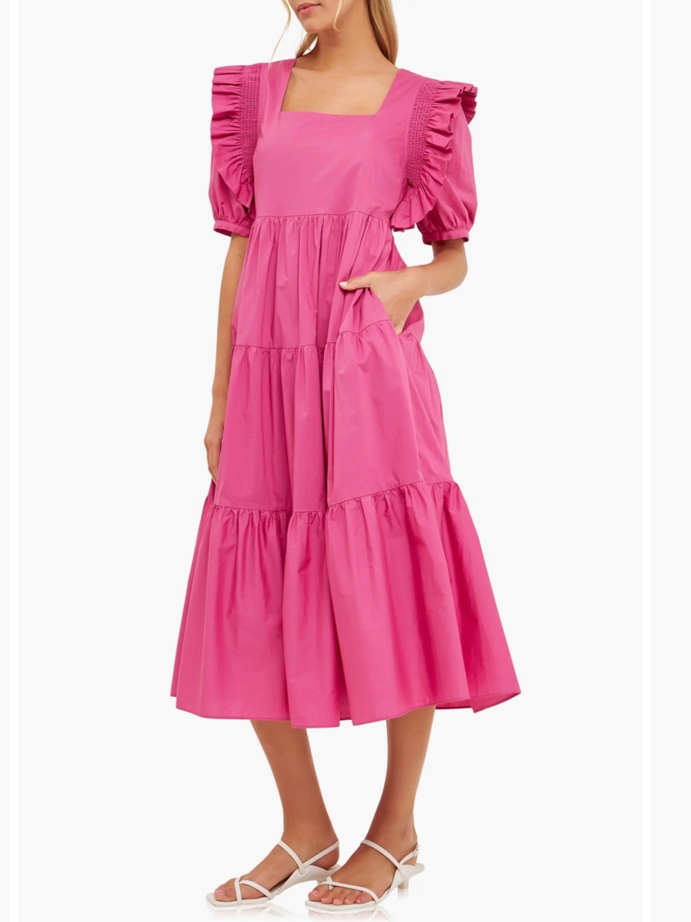 English Factory Tuckernuck Hot Pink Tiered Square-Neck Midi Dress Size S NWT